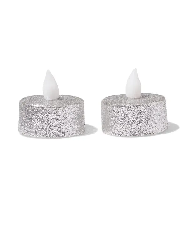 led-theelichtjes ⌀3.8x3.6cm glitter zilver - 2 stuks