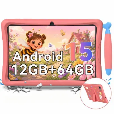 Tabwee K10 Kids 10.1" Rosa Tablet, Google Kids Space, 4GB RAM+64GB ROM, Android 15 WiFi Tablet für Kind mit Kindgerechte Hülle und Stift, 5000mAh