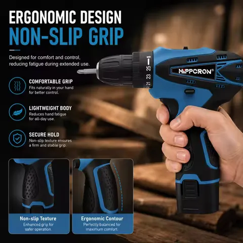 Hippcron 12V Lithium Electric Drill Tapping Cordless Impact Tool Set Multifunction Screwdriver Household with 3/8" Keyless Chuck