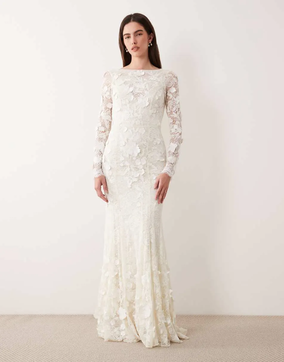 ASOS DESIGN floral applique embroidered lace long sleeve open back maxi wedding dress in ivory
