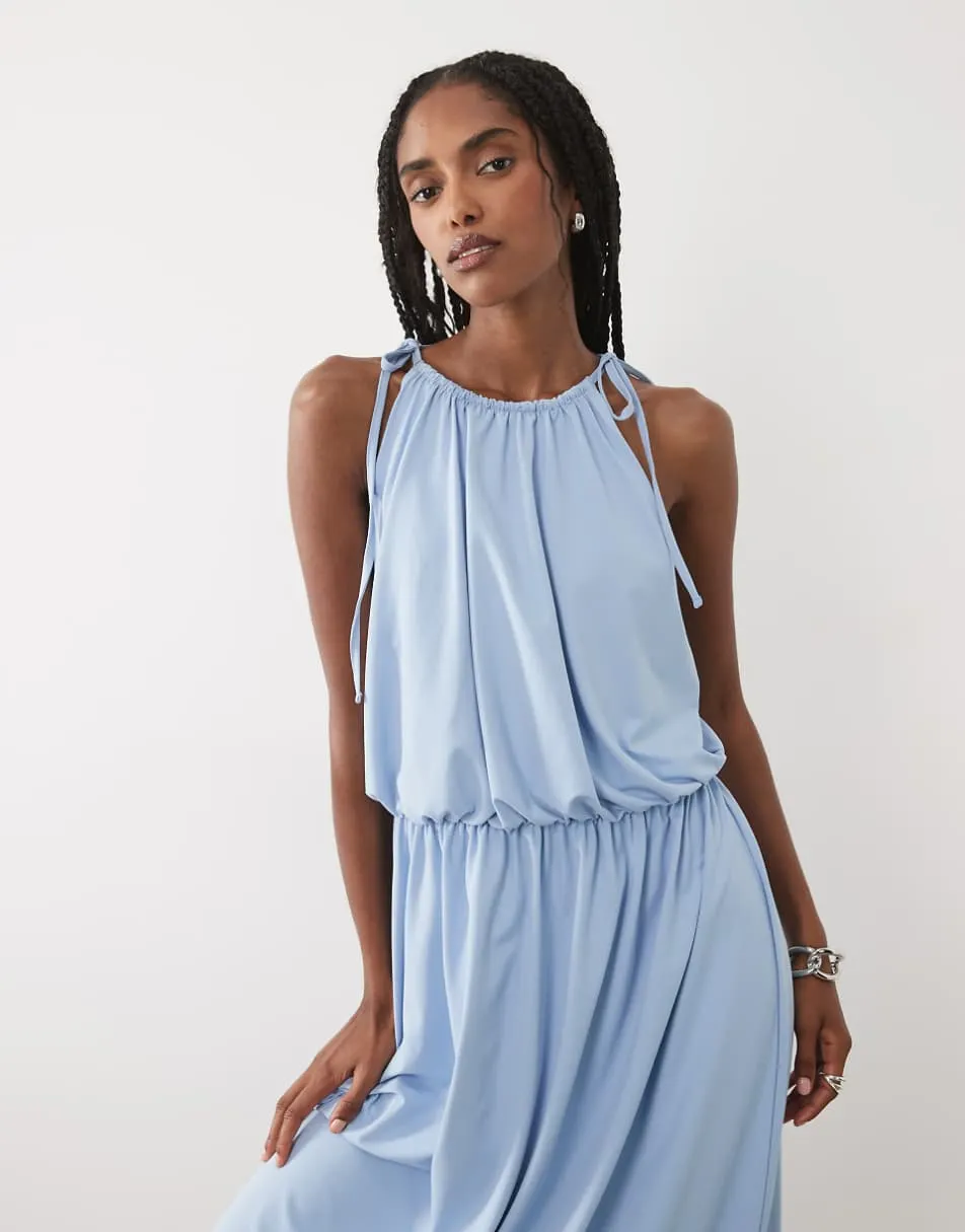 ASOS DESIGN halter neck with blouson maxi dress in light blue