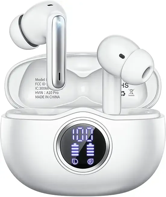 Wireless Earbuds, Bluetooth 5.3 Headphones HiFi Stereo 50H Playback LED Digital Display Ear Buds with ENC Noise Canceling Headset, IPX7 Waterproof Earphones for Gym/Running/Work（White）