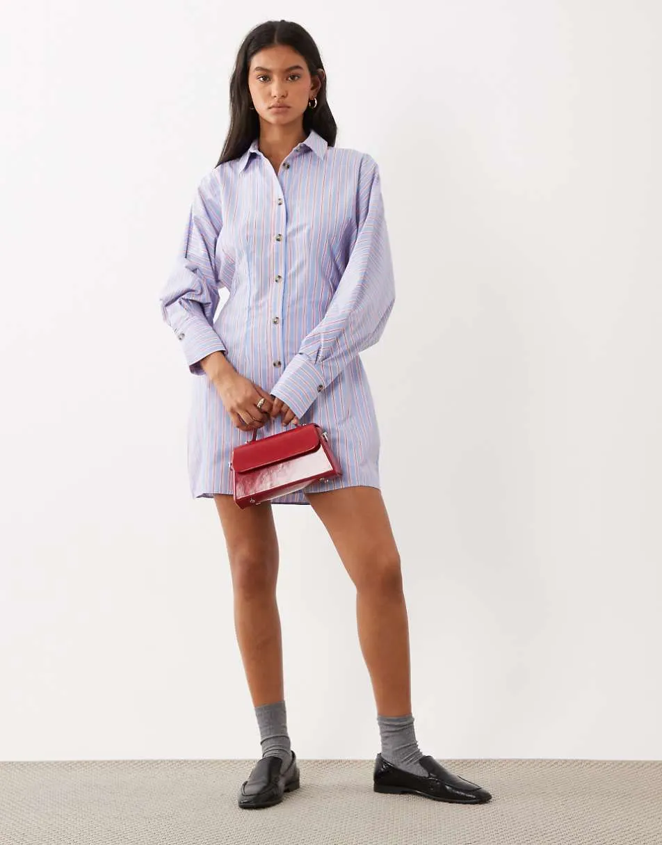 ASOS DESIGN mini shirt dress with cinched waist in blue and red stripes