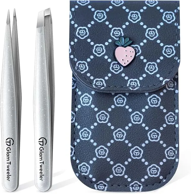 Expert Slant and Point Tip Tweezer Set with Exclusive Storage & Carrying Case, GlamTweeler Sharp & Precision Tweezer Set for Eyebrows, Facial Hairs and Fine Hairs Removal (Sparkle Silver)