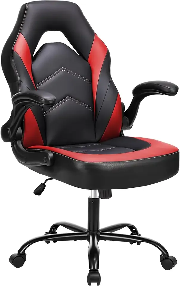 DUMOS Ergonomic Computer Gaming Chair with Flip-up Armrest, Height Adjustable PU Leather Home Office Desk Chair with Lumbar Support Swivel Wheels and for Adults and Kids, Scarlet Red