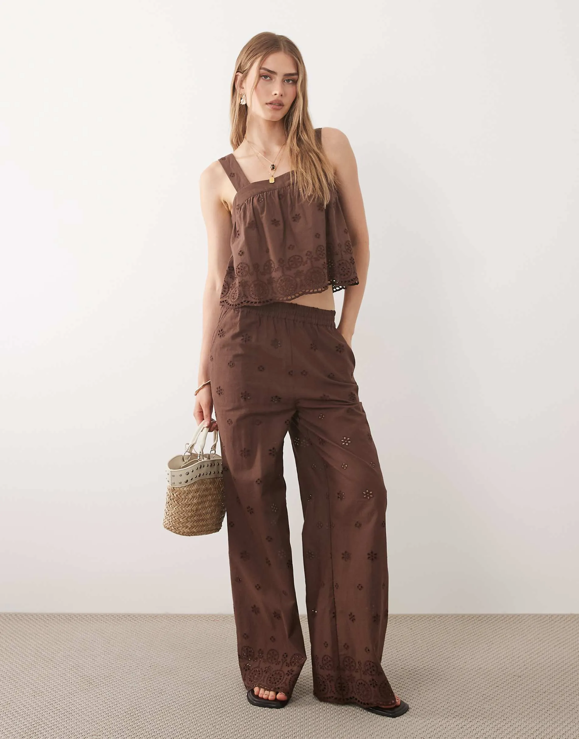 New Look co-ord broderie cami top and trousers in brown