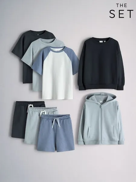 The Set 8 Piece Jersey Zip Through Hoody Crew Joggers Shorts and Short Sleeve Oversized T-Shirt Set Blue/Navy/White