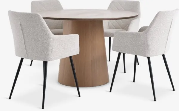 KLIPLEV Ø120 tafel naturel eik + 4 PURHUS stoelen gebr. wit