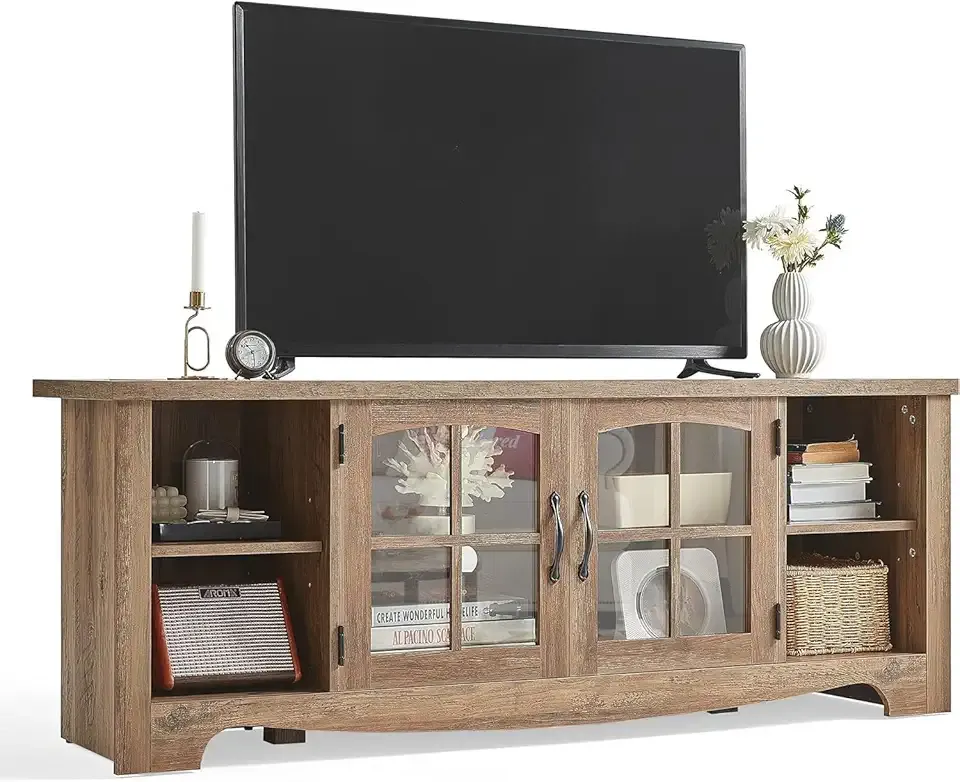 Farmhouse TV Stand for 65 Inch TV, Wood Entertainment Center with Glass Door Storage Cabinet & Adjustable Shelves, Large Sturdy Console Table for Living Room & Bedroom