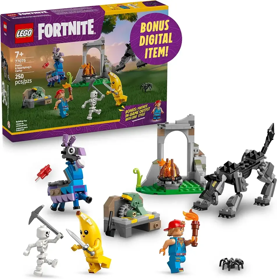 LEGO Fortnite Peely & Sparkplug’s Camp Kids Toy - Pretend Play and Video Game Building Set for Girls & Boys, Ages 7+ - Fortnite Toy Figures Peely, Sparkplug, & More - Gift Idea for Birthdays - 77075