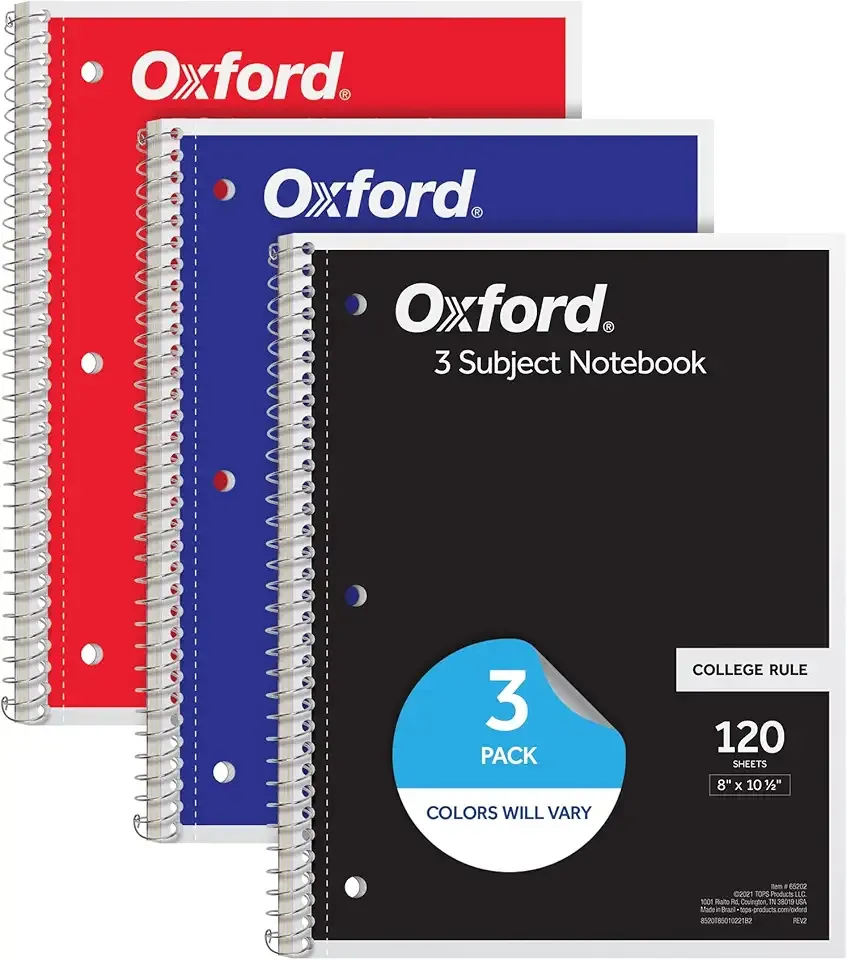 Oxford Spiral Notebooks, 3 Pack, 3 Subject, College Ruled Notebooks for School, 8 x 10.5 Inches, 120 Sheets, 2 Dividers, Assorted Colors, Back to School Supplies (65202)