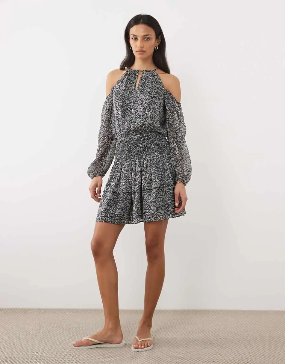 Mango Teen cold shoulder ruffle mini dress in navy floral print