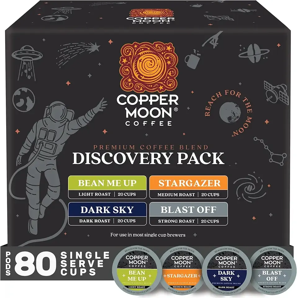 Copper Moon Single Serve Coffee Pods for Keurig K-Cup Brewers, Light, Medium & Dark Roast, Discovery Variety Pack, 80 Count