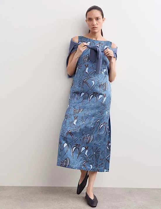 Schmales Midi-Säulenkleid mit Carmen-Ausschnitt und Meeresmuster