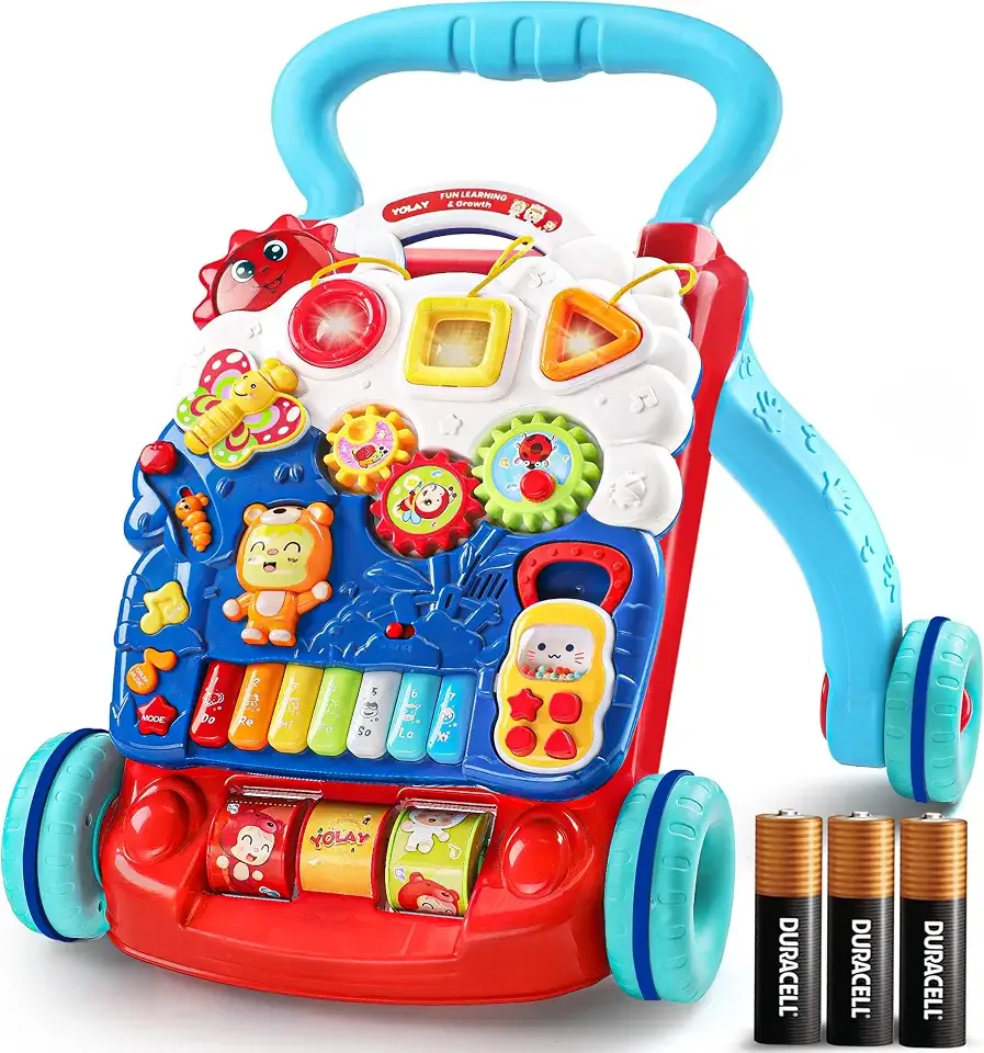 Baby Push Walker, 3-in-1 Baby Walker, Blue - YOLAY | Foldable Sit-to-stand functionality Detachable activity panel 360° interactive play panel Includes Duracell AA batteries
