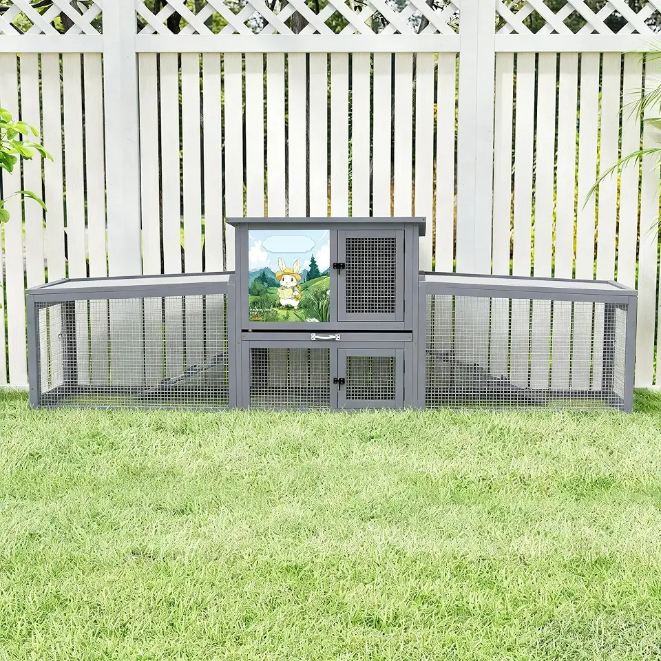 COZIWOW 95inches Extra Large Wood Rabbit Hutch Outdoor Easy to Assemble and Stable Bunny Cage Indoor with Cleaning Tray & Waterproof Roof for Small and Medium Bunny Rabbit Chick（Grey with Pattern）