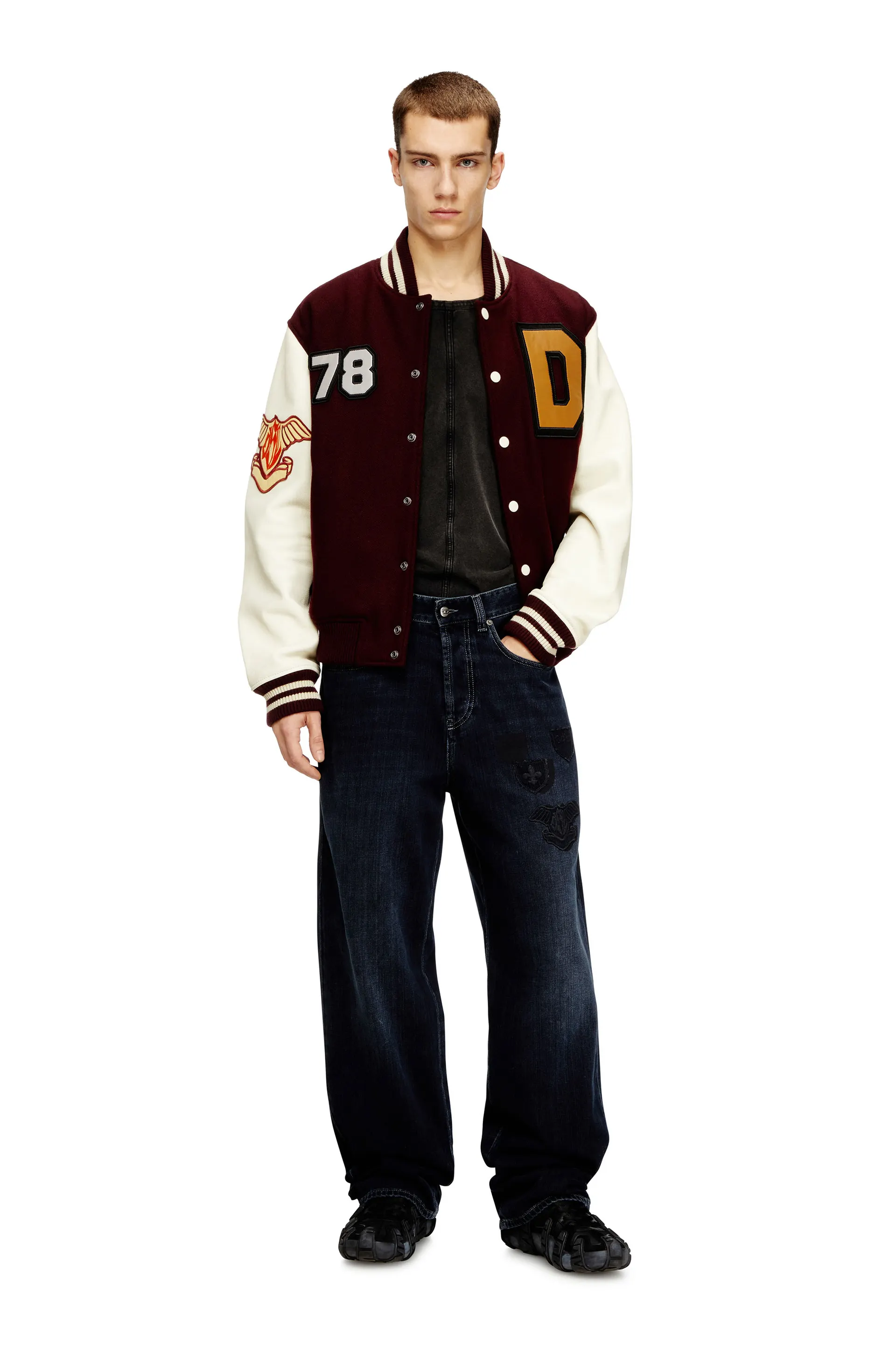 Varsity jacket in wool and leather