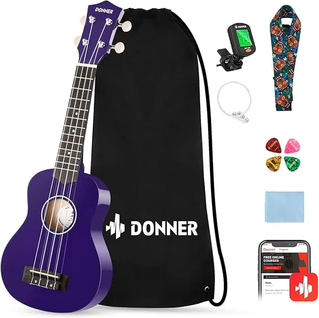 Donner Soprano Ukulele for Beginners 21 Inch Ukelele Starter Bundle Kit with Free Online Lessons Bag Strap String Tuner Picks Cloth Ukalalee Yukalalee (Purple)