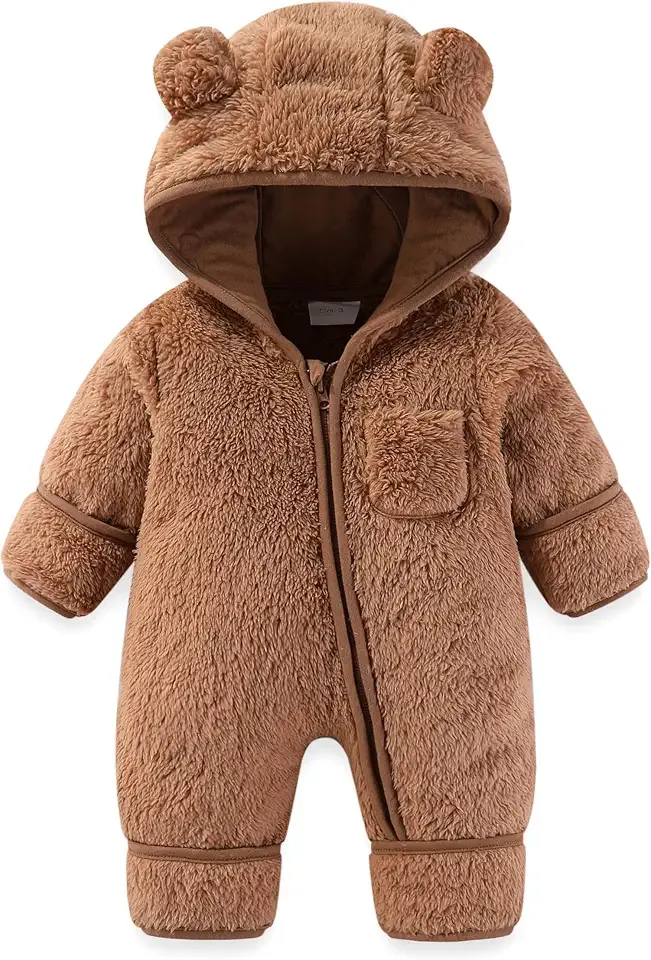 Newborn Baby Bear Outfit With Fold-Over Mittens and Footies Girls Boys Winter Fleece Clothes Hooded Romper Snowsuit