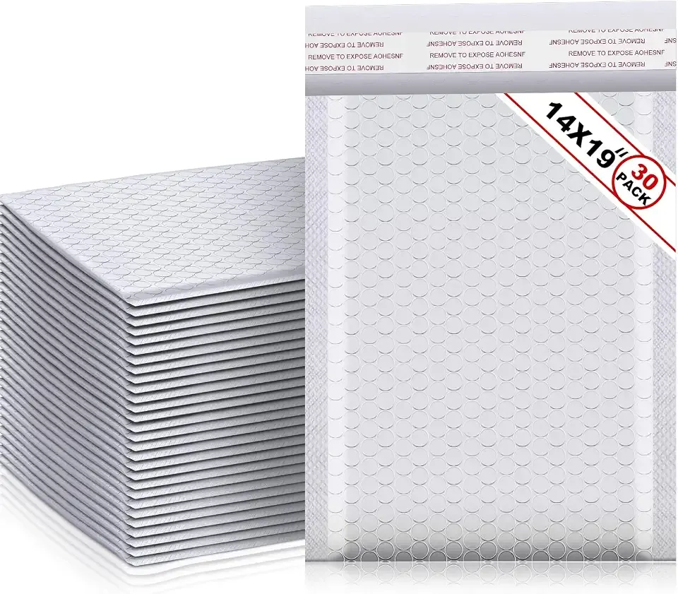 Henoyso 30 Pcs Bubble Poly Mailers Padded Envelopes,White,14 X 19 Inches | Large Mailing Bags for Small Business, Self Seal Waterproof Shipping Envelopes, Resealable Cushioned Poly Mailers Bulk