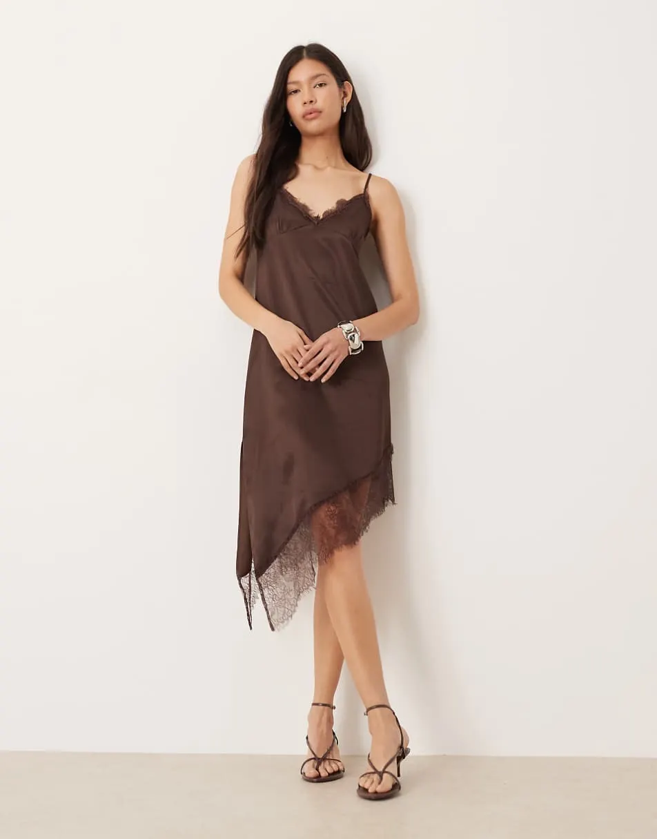ASOS DESIGN satin lace trim asym hem maxi dress in chocolate