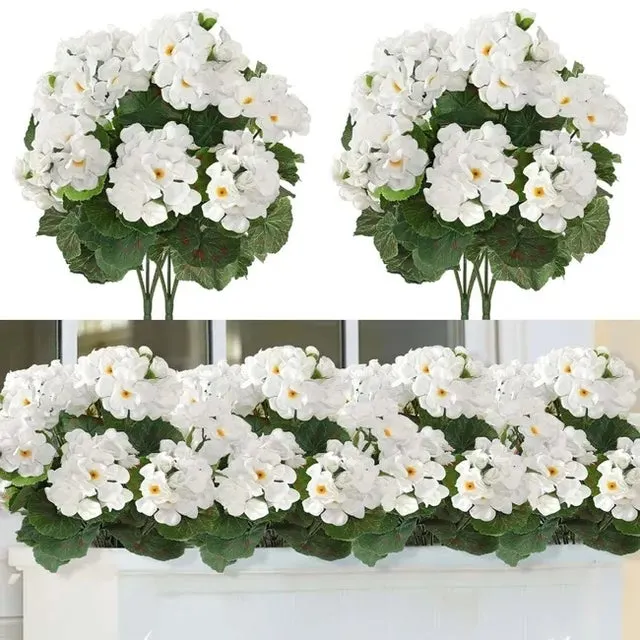 4 Geranios de Seda con Protección UV, Flores Artificiales y Plantas Verdes Realistas para Decoración, Blanco, 35 cm