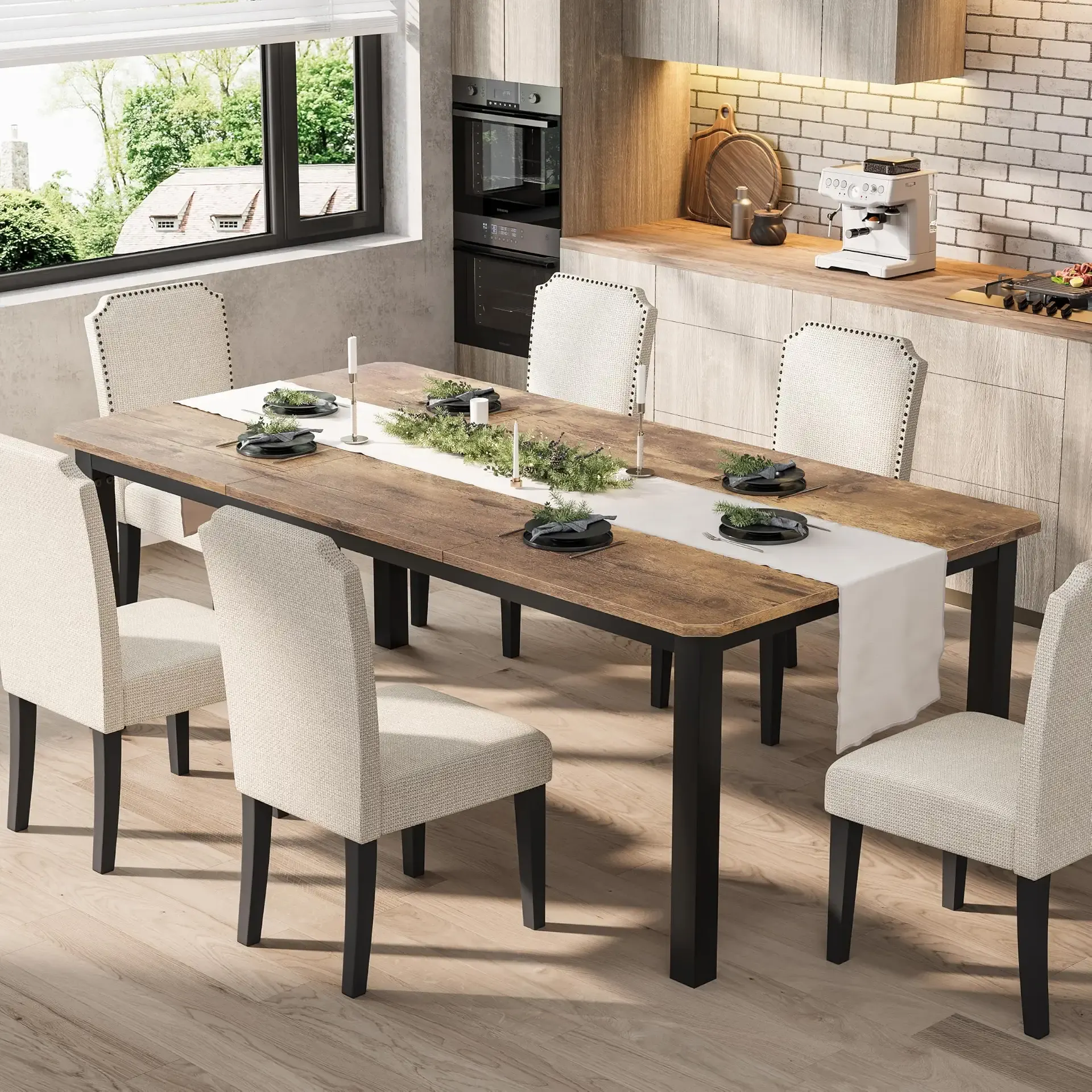 Garvee 78.7″ Dining Table for 8-10 People for Dining Room,Brown(Only Table) | Large Industrial Dinner Kitchen Tables with Sturdy Metal Frame, Multi-Use for Living Room Indoor Restaurant Office Desk