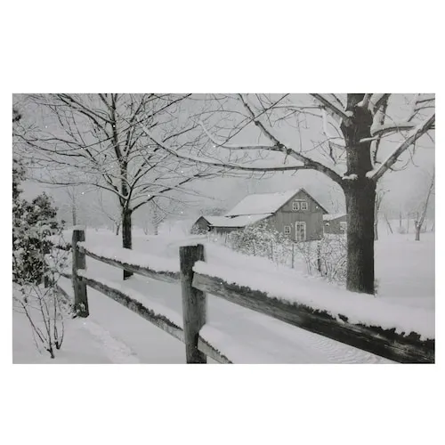 Large Fiber Optic Lighted Snowy Winter Cabin Canvas Wall Art 23.5" x 15.5"