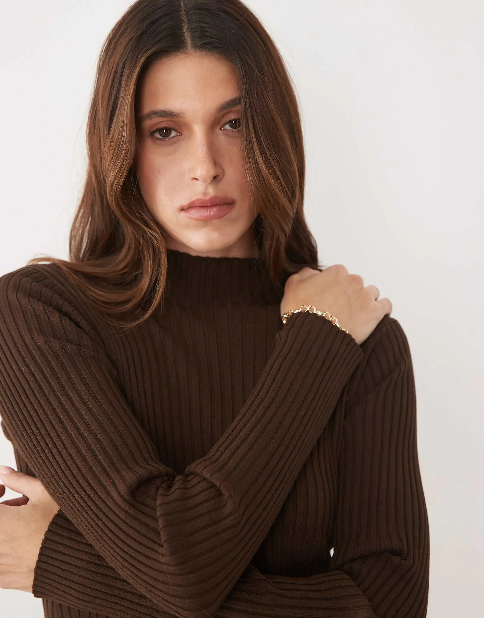 Threadbare high neck long sleeve knitted top in brown