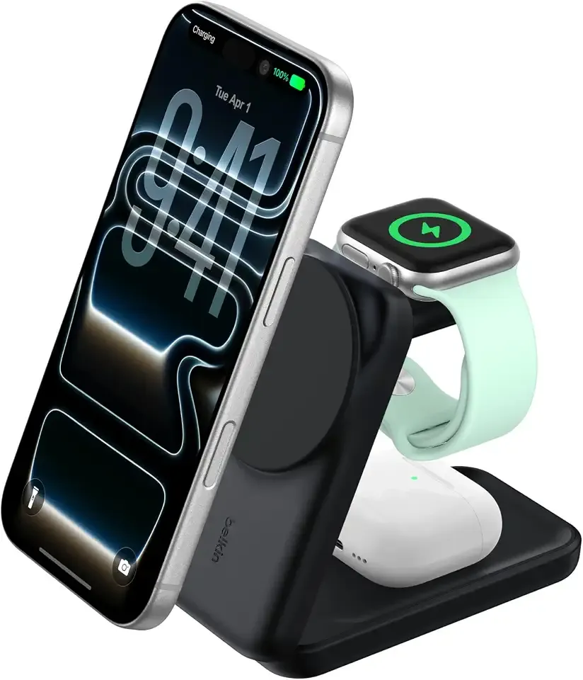 Belkin Qi2.2 25W Wireless 3 in 1 Foldable Fast Charging Station for iPhone | Fast Charigng, MagSafe Compatible, iPhone 17/16/15, Apple Watch, AirPods, Travel Charger, Magnetic