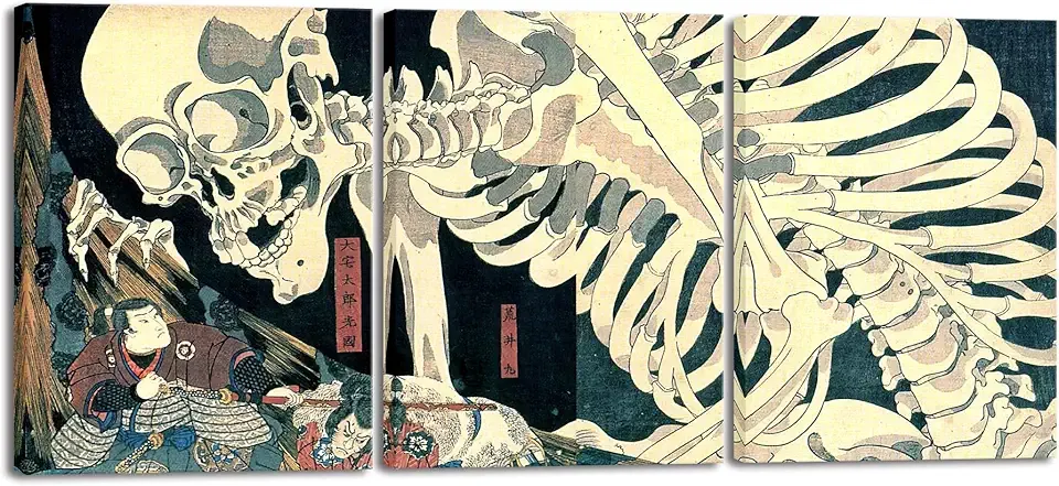 Wieco Art 3 Piece Witch and Skeleton Ukiyo-E by Utagawa Takiyasha Historic Cultural Illustrations for Living Room Bedroom Home Decorations Landscape Artwork