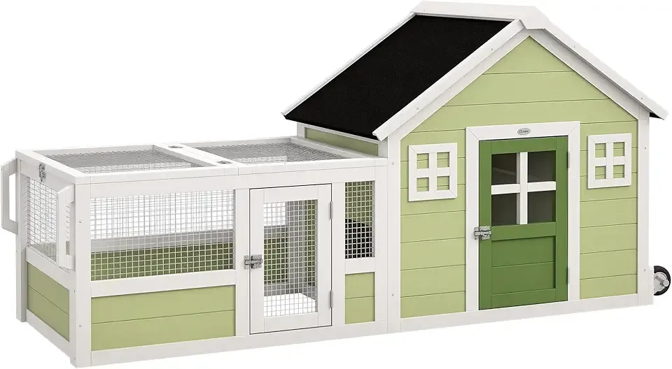 PawHut Rabbit Hutch, Outdoor Rabbit Cage or Guinea Pig Cage with Asphalt Roof, Handle, Wheels, 64 Inch Wooden Bunny Cage for Rabbits, Chickens, Ducks, Small Animals, Multicolor