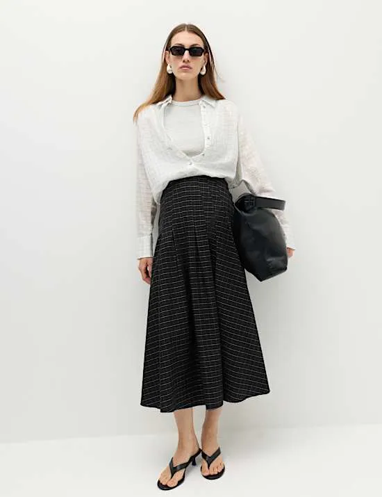 Cotton Rich Checked Button Detail Maxi Skirt