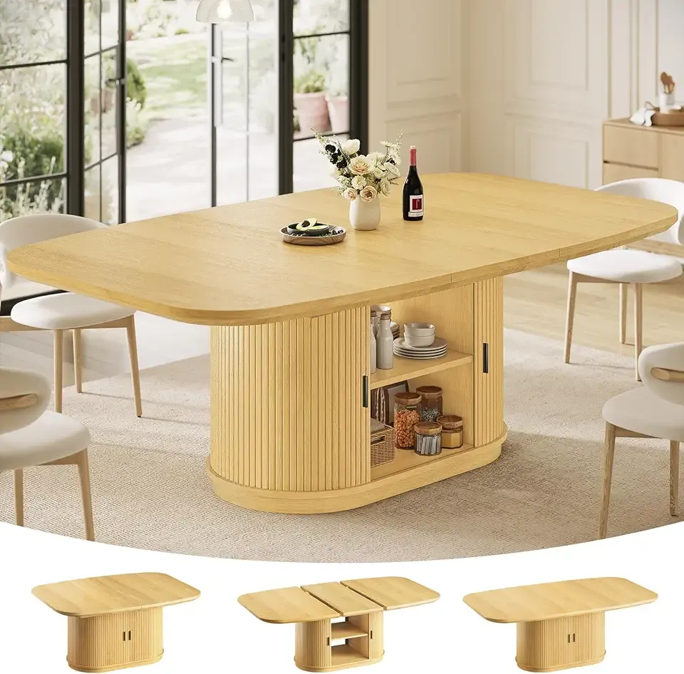 Itaar 47.2"-63" Extendable Dining Table with Storage Cabinet, Fluted Wood Kitchen Table Seats 4-8, Modern Farmhouse Expandable Dining Room Table for Small Space, Apartment, Home Dining, Oak
