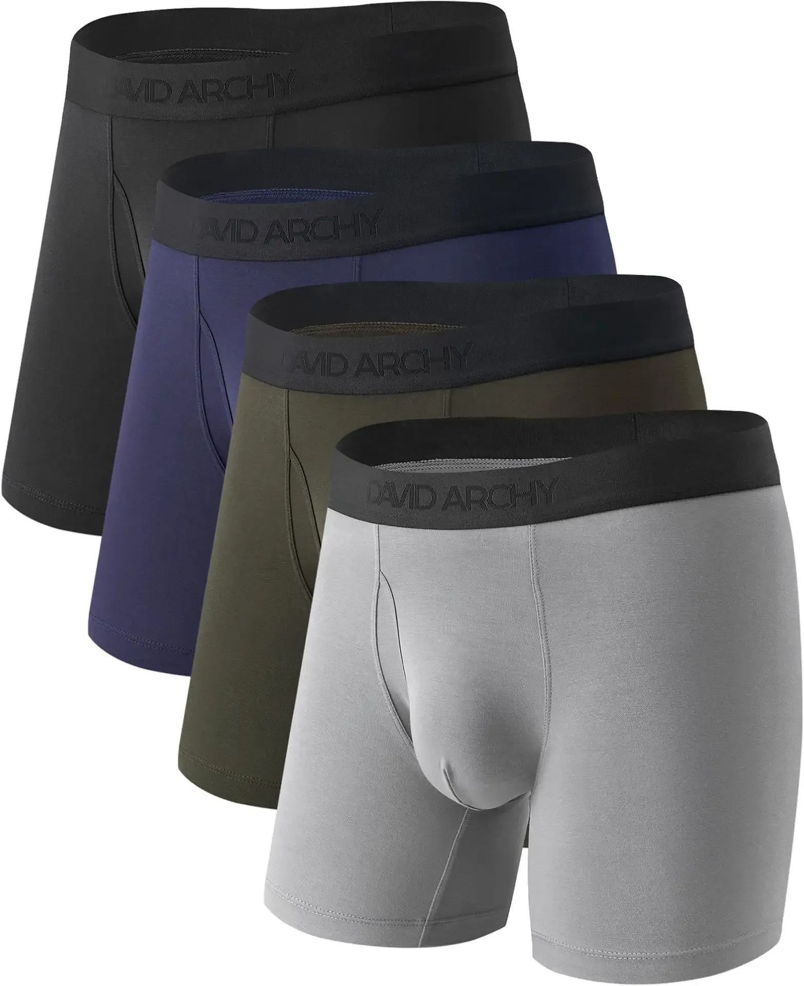 DAVID ARCHY Men's Bamboo Rayon Boxer Briefs, 1.5-in Wide Waistband, 4 Pack | Wide waistband for smooth, even comfort, roomy contoured pouch, easy side-fly access, secure fitted feel for work and travel