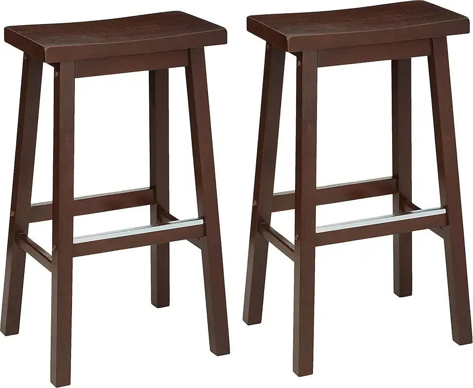Amazon Basics Solid Wood Saddle-Seat Kitchen Counter Barstool with Footrest, Easy Assembly - 29-Inch Height - Walnut - Set of 2