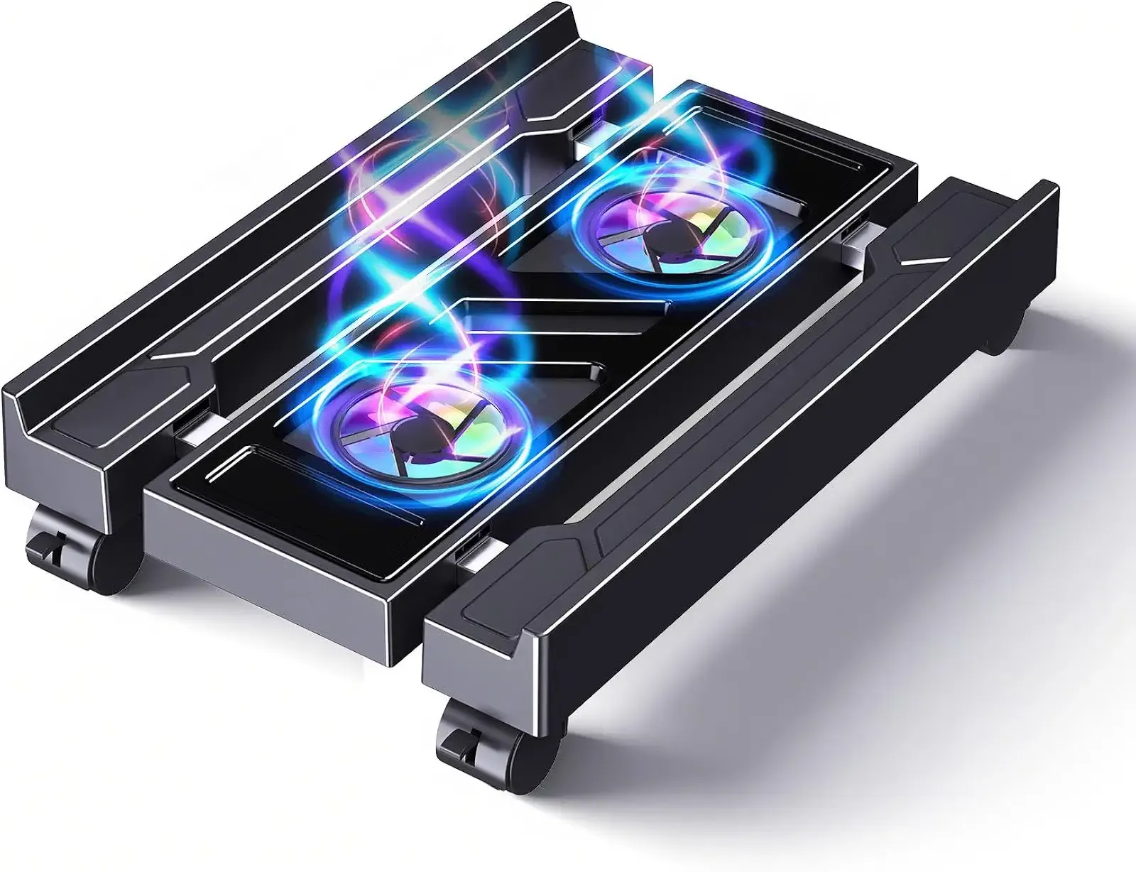 Computer Tower Stand with Dual Cooling Fans, Fits Most PC | Adjustable PC Stand for Floor and Carpet, CPU Holder with RGB lighting and Fan Controller, Improve Airflow, 4 Locking Wheels