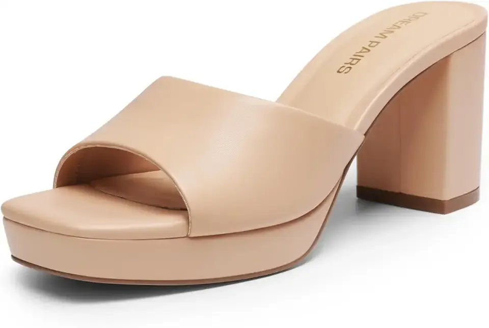 Women's Platform Block Heel Mule Sandals, Square Toe Ankle Strap Slip On Comfortable Heeled Sandals for Party Wedding Shoes