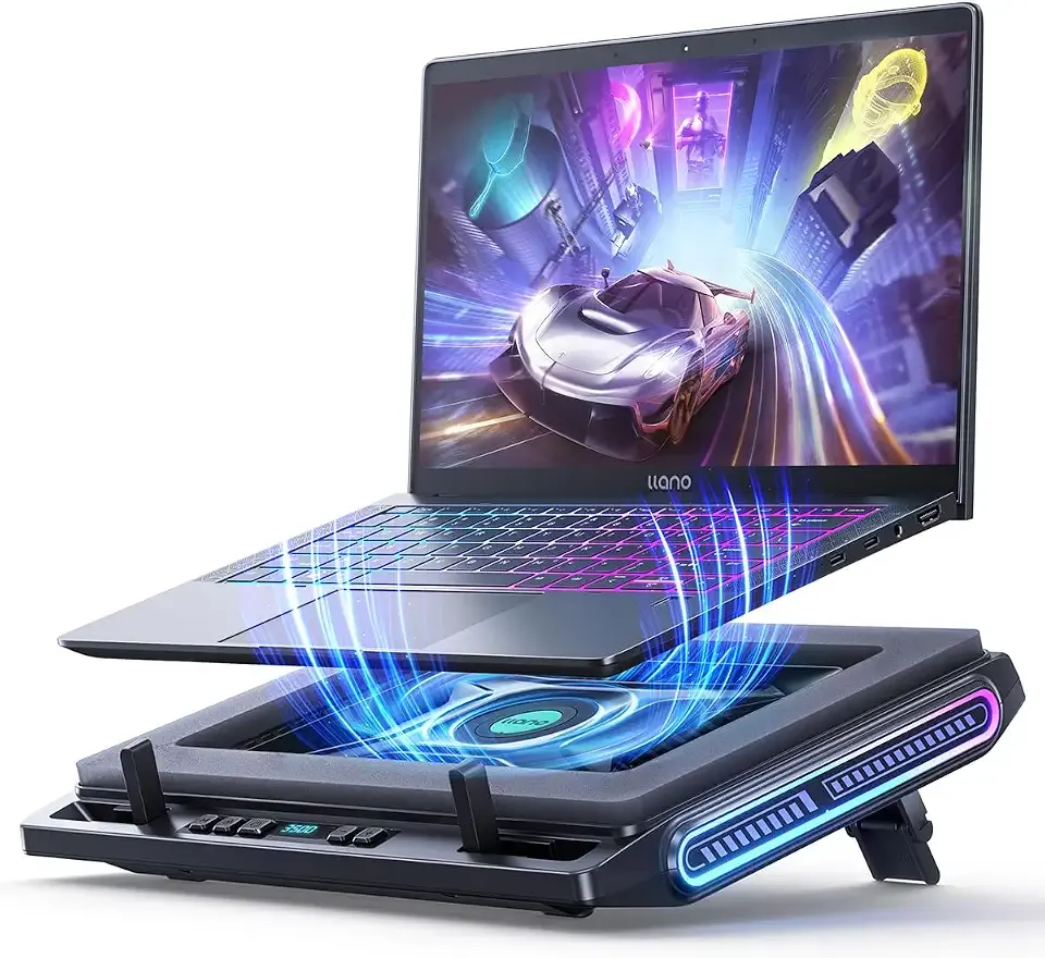 llano V10 Gaming Laptop Cooling Pad, RGB Laptop Cooler Stand Laptop Fan | Powerful 4.72 Inch Turbo Cooling Fan, Fast Cooling Computer 13-17.3in, Button Control, 3 Adjustable Stand, 4-Port USB C&A