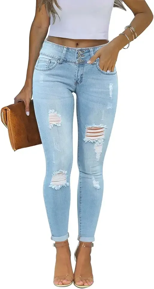 Women's Skinny Ripped Trendy Jeans Distressed Stretchy Denim Pants