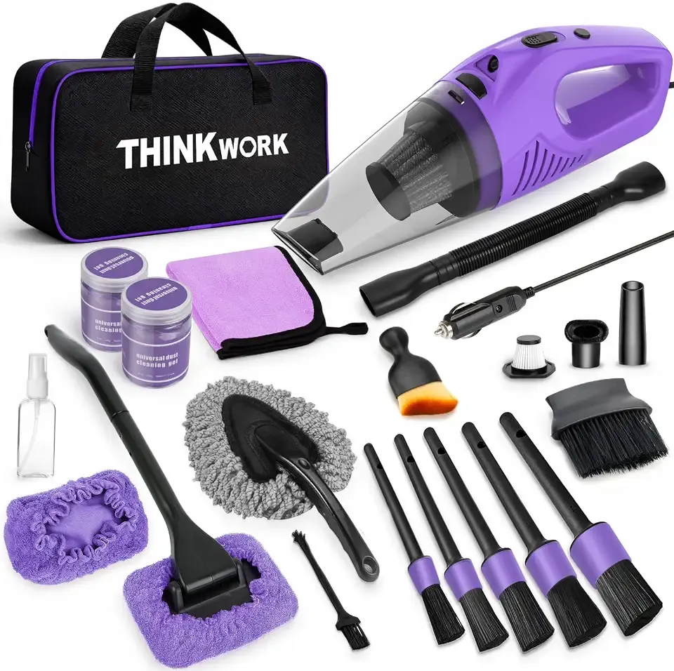 THINKWORK Car Cleaning Kit with Vacuum,Deep Cleaning for Interior Detailing | 7600PA High Power Corded Handheld Vacuum,Windshield Cleaner Tool, Detailing Brush Set,21Pcs Car Accessories,Gift Set Purple
