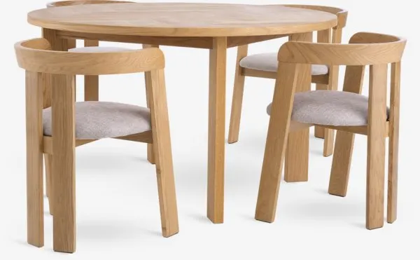 HARESKOV + BOVRUP HARESKOV Ø129 tafel naturel eiken + 4 BOVRUP naturel eiken