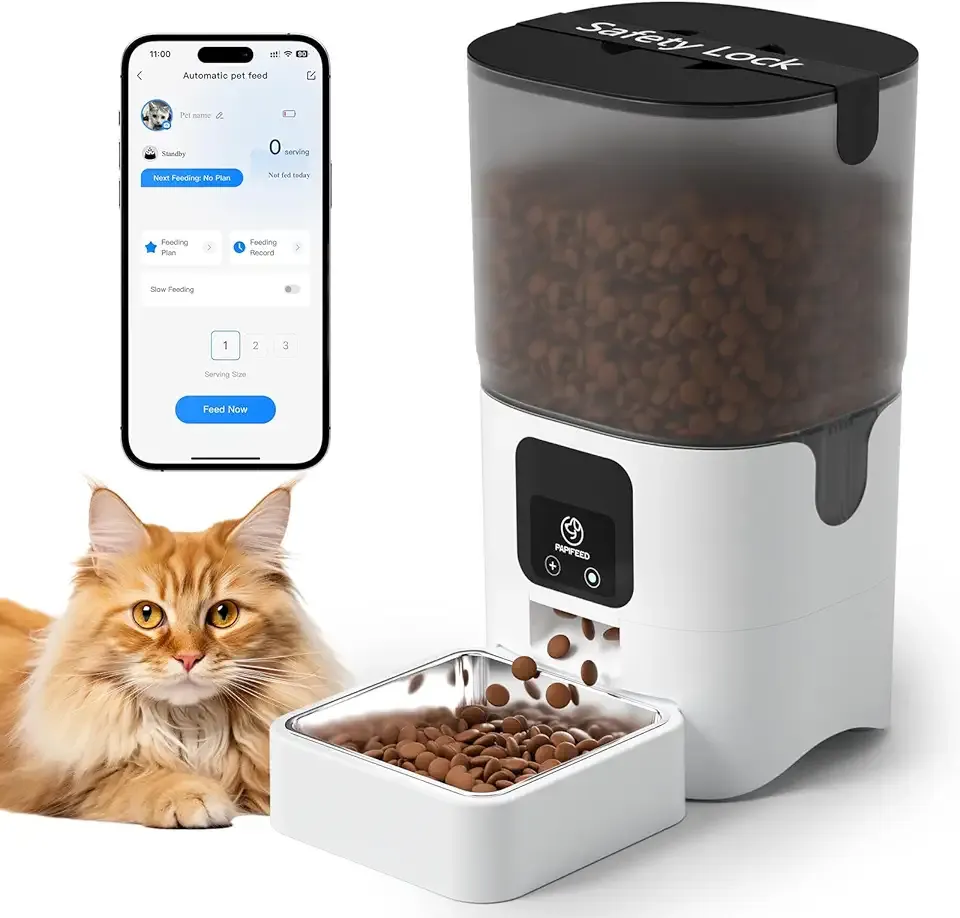 PAPIFEED Automatic Cat Feeder with App, 2.4G WiFi Cat Food Dispenser, 6L Timed Cat Feeder for Dry Food, 10 Meals/Day, 12 Portions/Meal, Dual Power Supply Smart Pet Feeder for Dog, White
