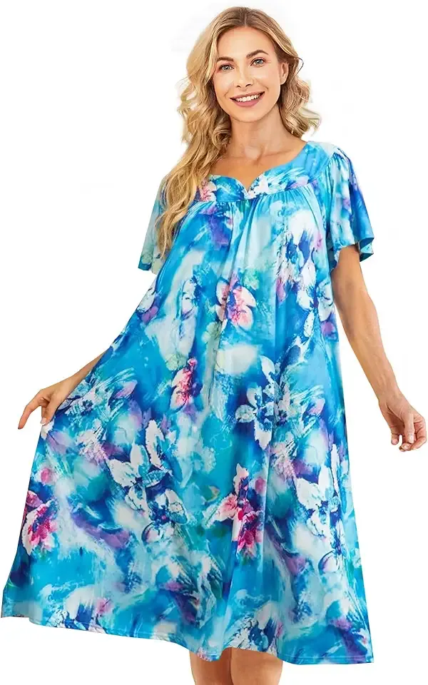 Muumuu House Dresses for Women Nightgown Duster Moomoo Short Sleeve Patio Dress with Pockets S-3XL