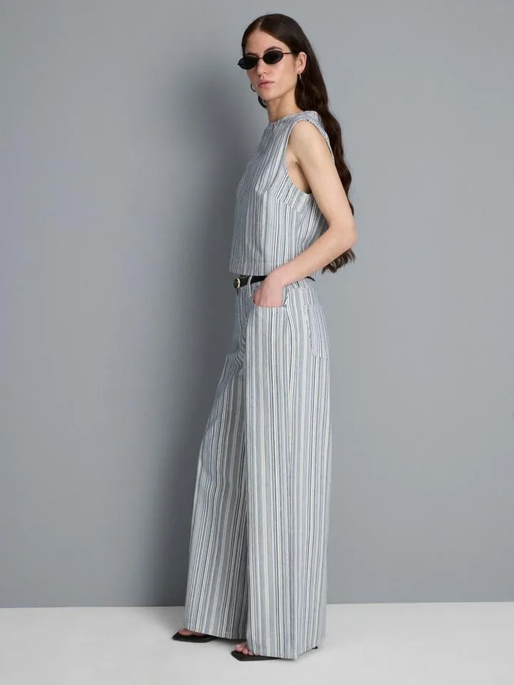 Jean droit en denim de coton à fines rayures