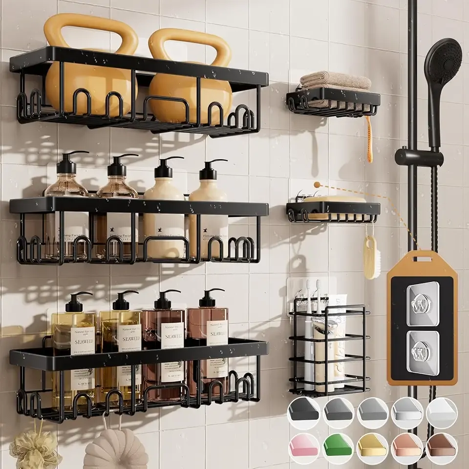 Veken Shower Caddy 6-Pack, Advanced Rustproof Design, No Drilling Adhesive Shelves, Rack with Soap Holder, Large Capacity Bathroom Organizers and Storage, Wall-Mounted, Gifts for Women Mom