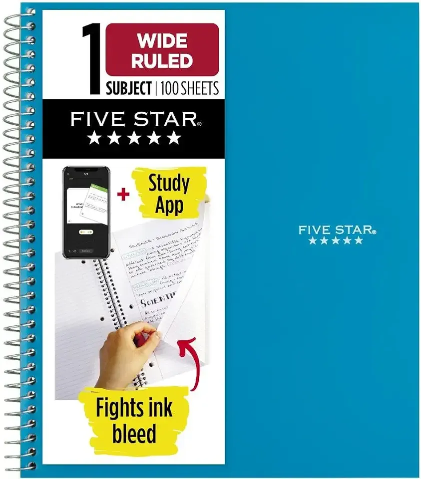 Five Star Spiral Notebook + Study App, 1 Subject, Wide Ruled Paper, 8" x 10-1/2", 100 Sheets, Fights Ink Bleed, Water Resistant Cover, Tidewater Blue (72875)