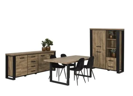 Eetkamer Estrella met 4 stoelen Charlton - tafel 190x95cm - dressoir 225cm - barkast 120cm