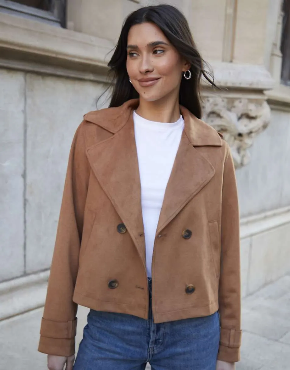 Threadbare Suedette cropped trench coat in tan