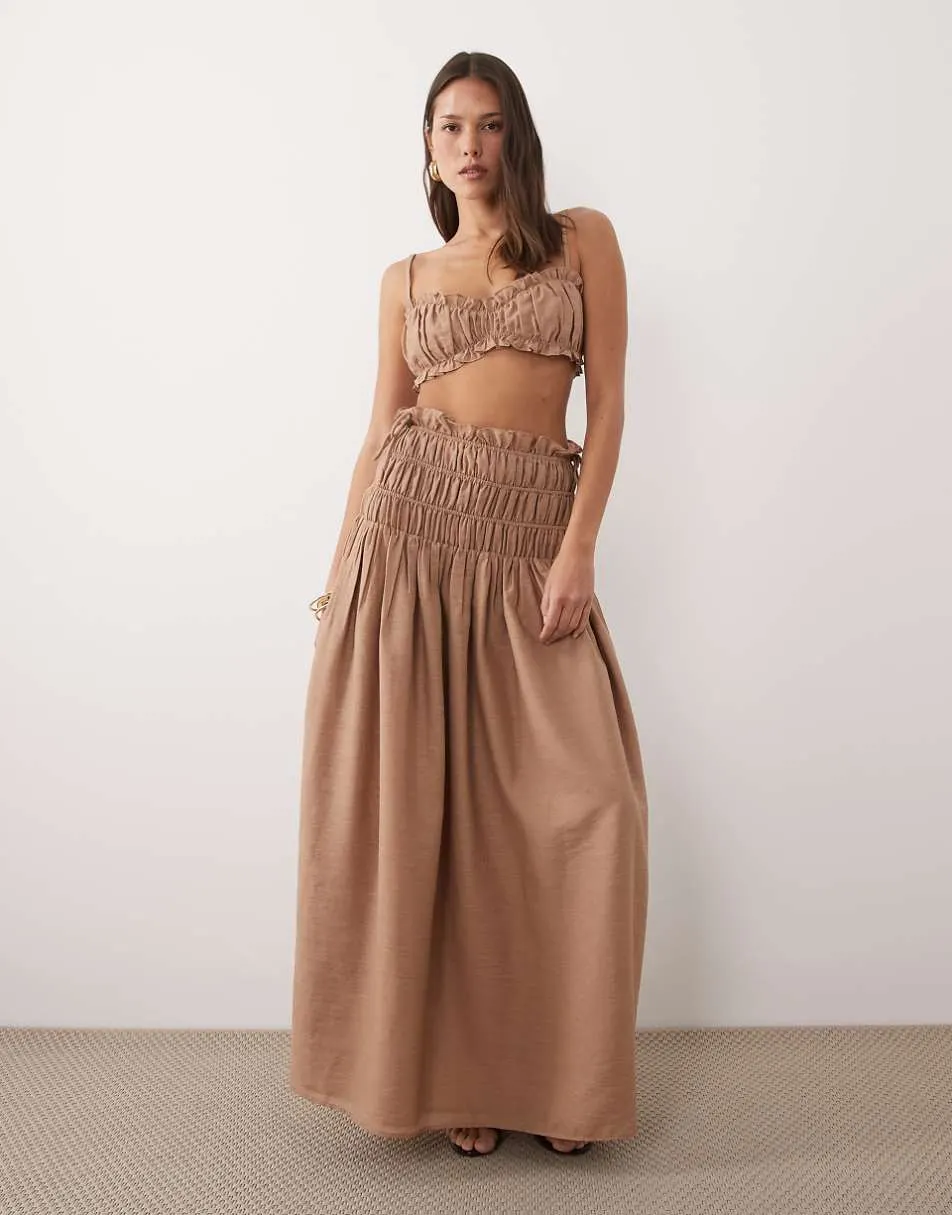 Wanderdoll Soulie linen look ruched tie back bralette top and maxi skirt co-ord in mocha